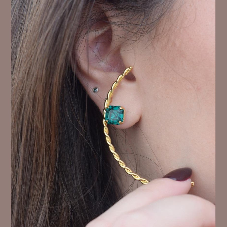 Okeanos earrings in Greek hammered twisted hoop design with fine crystals, available in 18K gold plated and 18K silver plated finishes.