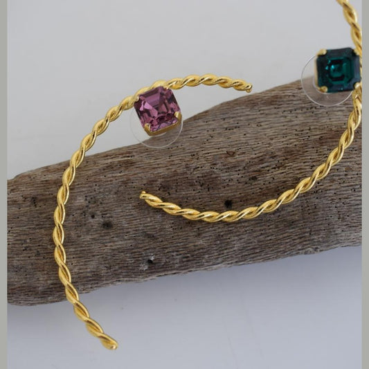 Okeanos earrings in Greek hammered twisted hoop design with fine crystals, available in 18K gold plated and 18K silver plated finishes.