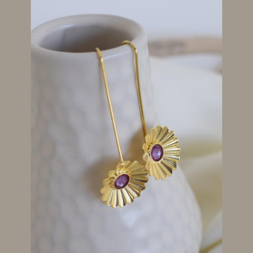 Florina handmade Greek hammered floral earrings with fine crystals, available in gold and silver plated finishes.