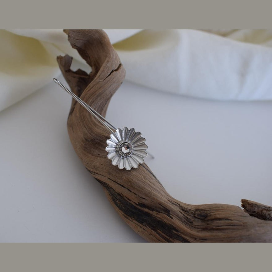 Florina handmade Greek hammered floral earrings with fine crystals, available in gold and silver plated finishes.