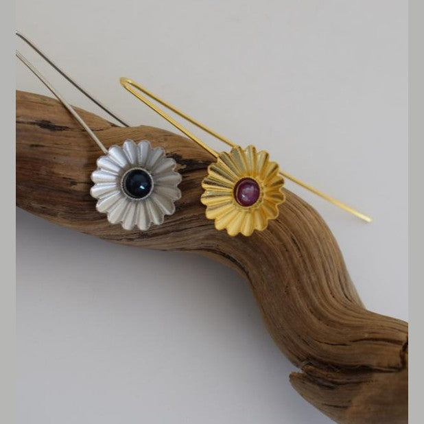 Florina handmade Greek hammered floral earrings with fine crystals, available in gold and silver plated finishes.