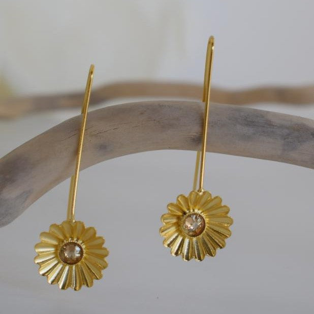 Florina handmade Greek hammered floral earrings with fine crystals, available in gold and silver plated finishes.