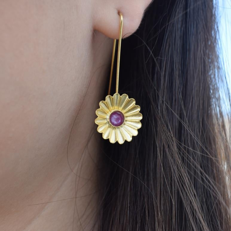 Florina handmade Greek hammered floral earrings with fine crystals, available in gold and silver plated finishes.