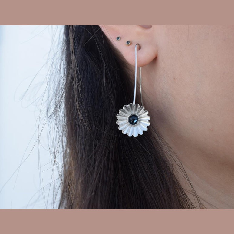 Florina handmade Greek hammered floral earrings with fine crystals, available in gold and silver plated finishes.