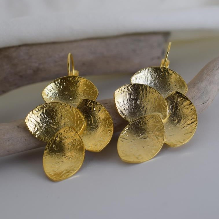 Calypso3 handmade Greek hammered earrings with layered discs, available in gold plated and silver plated.