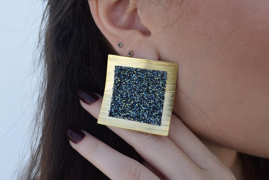 Thyra handmade Greek hammered earrings with fine crystals, available in gold plated and silver plated.