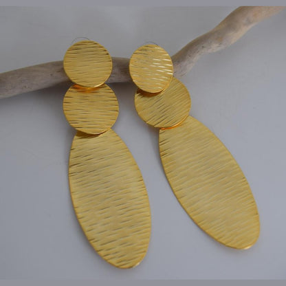 Hermes3 Earrings – Handmade Greek Hammered Jewelry in gold or silver plated with bold three-disc hammered design inspired by divine movement.