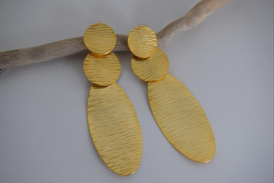 Hermes3 Earrings – Handmade Greek Hammered Jewelry in gold or silver plated with bold three-disc hammered design inspired by divine movement.