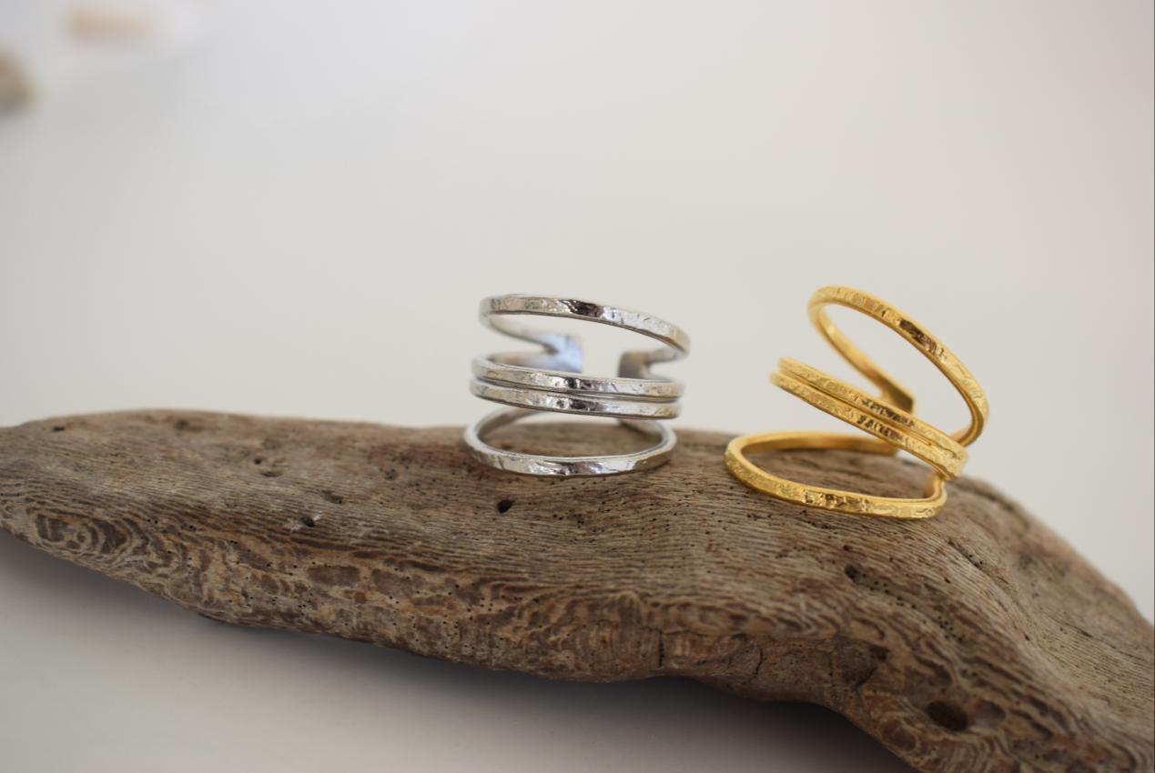 Hecate Ring handmade Greek hammered jewelry available in 18K gold plated and 18K silver plated finish.