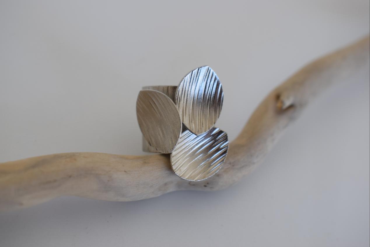 Anemone Ring handmade Greek hammered jewelry available in 18K gold plated and 18K silver plated finish with adjustable one size fit.