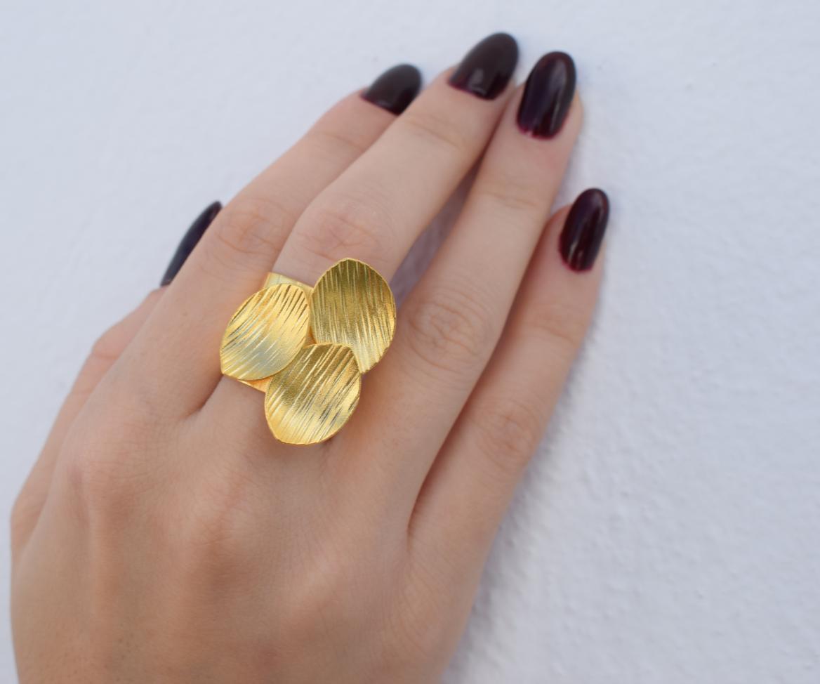 Anemone Ring handmade Greek hammered jewelry available in 18K gold plated and 18K silver plated finish with adjustable one size fit.