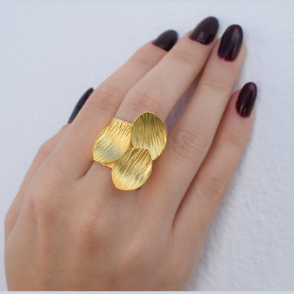 Anemone Ring handmade Greek hammered jewelry available in 18K gold plated and 18K silver plated finish with adjustable one size fit.