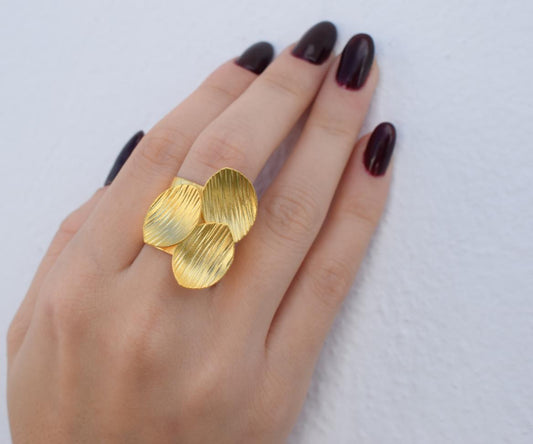 Anemone Ring handmade Greek hammered jewelry available in 18K gold plated and 18K silver plated finish with adjustable one size fit.