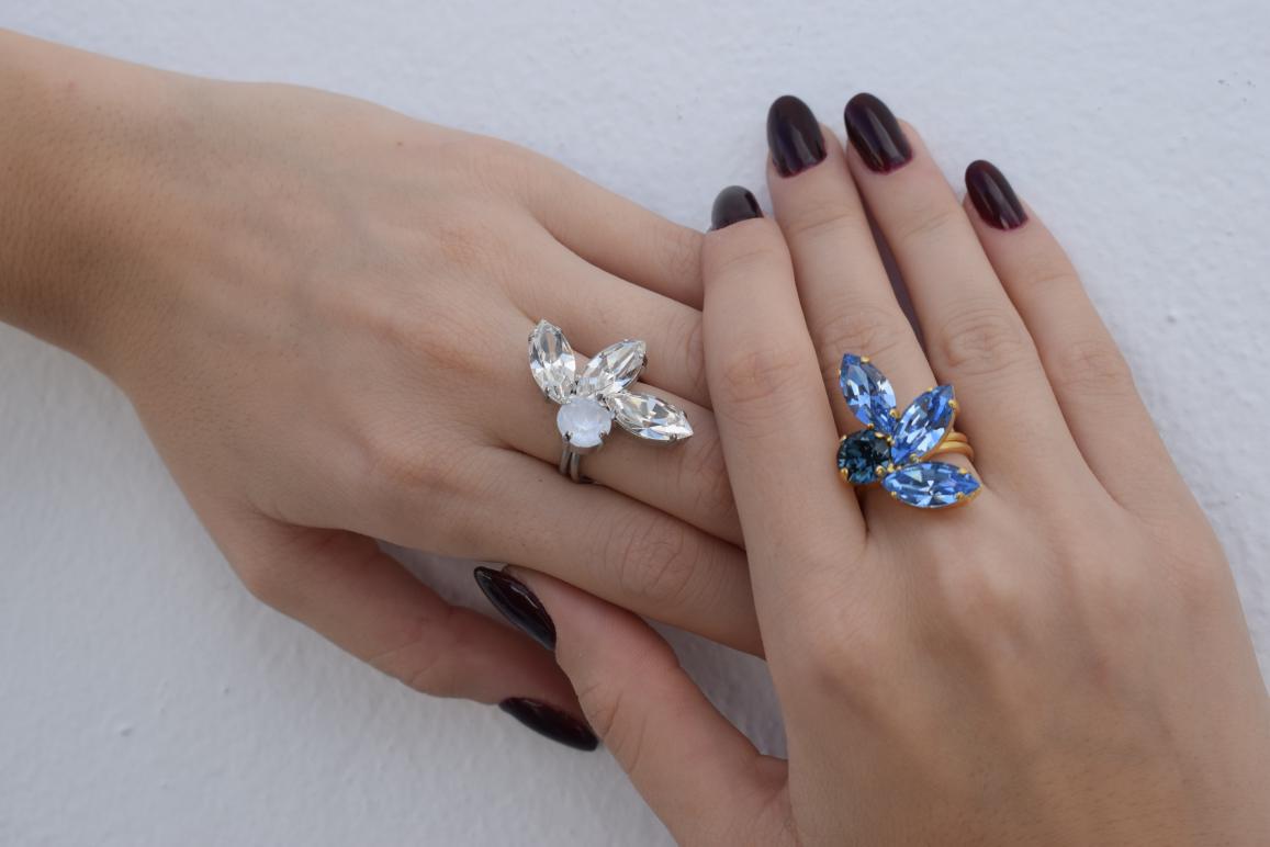 Amaryllis3 Ring handmade Greek hammered jewelry with fine crystals available in 18K gold plated and 18K silver plated finish