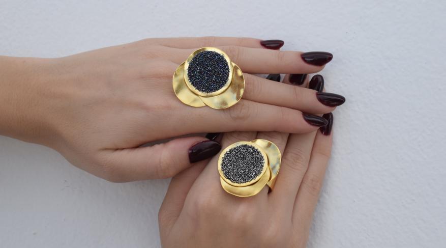 Galaxia2 Ring handmade Greek hammered jewelry with fine crystals available in 18K gold plated and 18K silver plated finish.