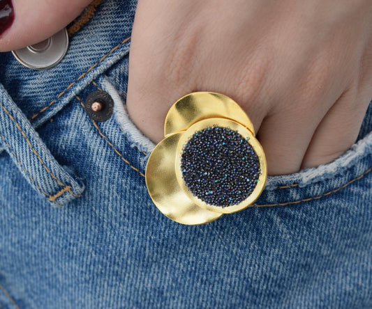 Galaxia2 Ring handmade Greek hammered jewelry with fine crystals available in 18K gold plated and 18K silver plated finish.