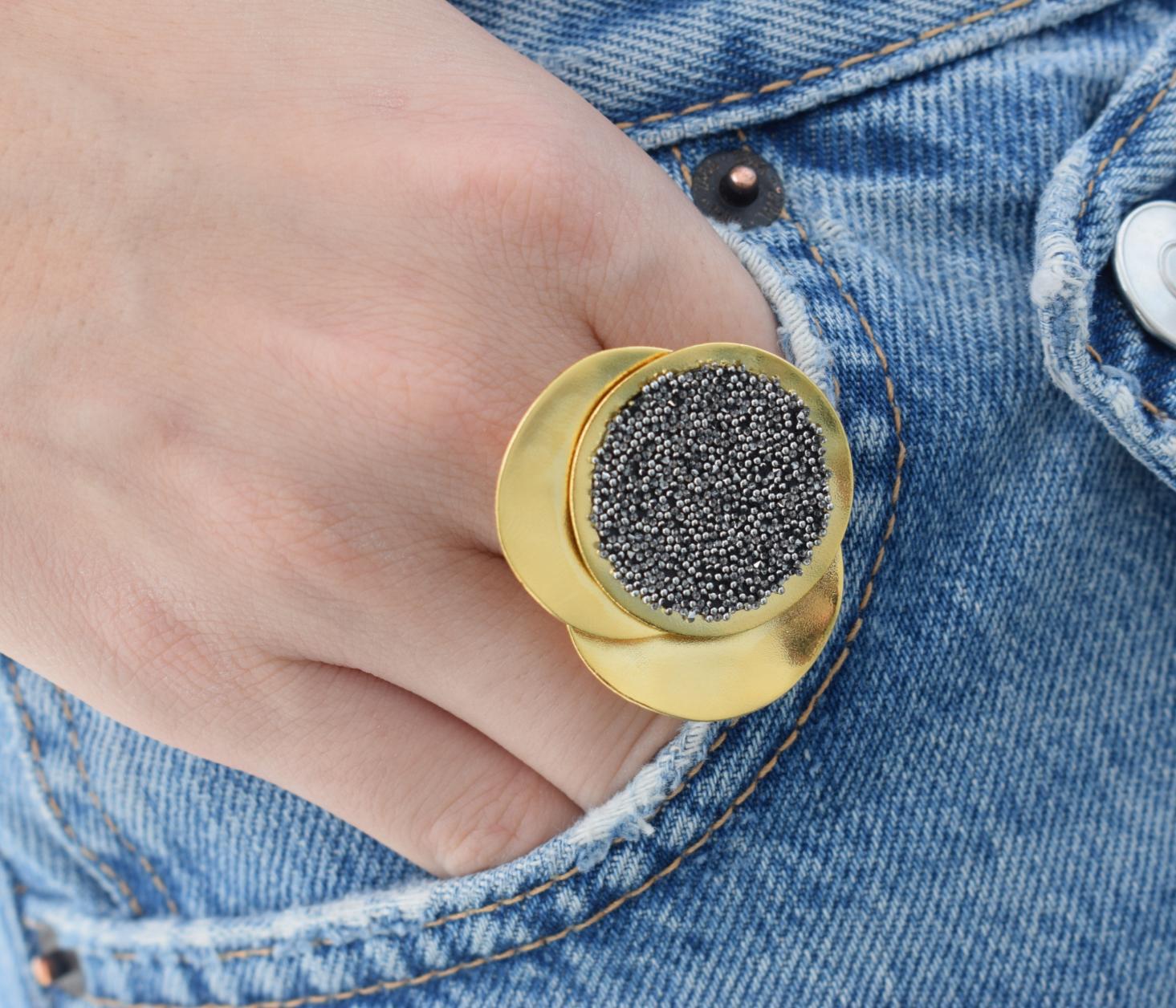 Galaxia2 Ring handmade Greek hammered jewelry with fine crystals available in 18K gold plated and 18K silver plated finish.