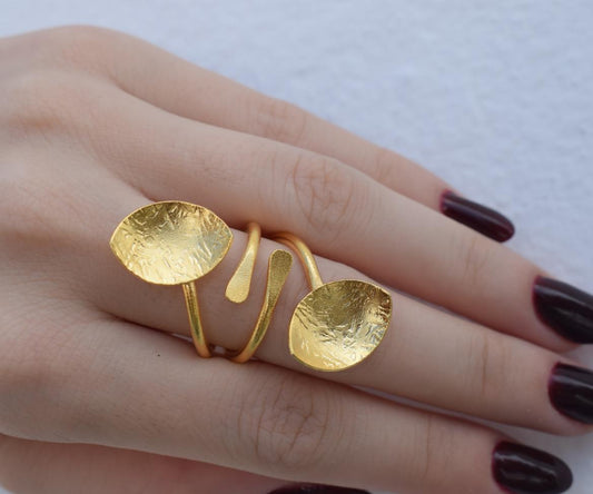Calypso Ring – Handmade Greek Hammered Jewelry adjustable open ring available in 18K gold plated and 18K silver plated finishes.