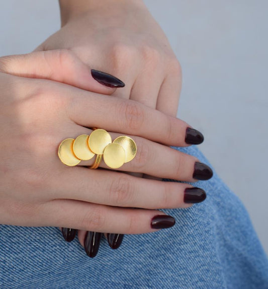 Mycenae Ring – Handmade Greek Hammered Jewelry adjustable multi-disc statement ring available in 18K gold plated and 18K silver plated finishes.