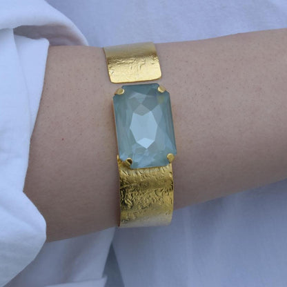 Okeanos bracelet Greek hammered jewelry with emerald-cut crystal in 18K gold, silver, and rose gold plated finish.