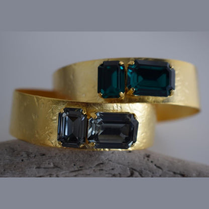 Electra bracelet – Greek hammered jewelry cuff with emerald-cut crystals, inspired by the radiant heroine Electra, available in 18K gold-plated, 18K silver-plated, and rose-gold plated finishes.