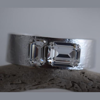 Electra bracelet – Greek hammered jewelry cuff with emerald-cut crystals, inspired by the radiant heroine Electra, available in 18K gold-plated, 18K silver-plated, and rose-gold plated finishes.