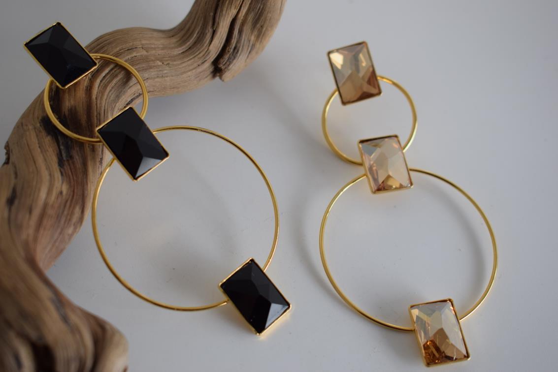 Ionio earrings with crystal – Greek hammered jewelry with hoops and faceted stones, inspired by the Ionian Sea, available in 18K gold-plated, 18K silver-plated, and rose-gold plated finishes.