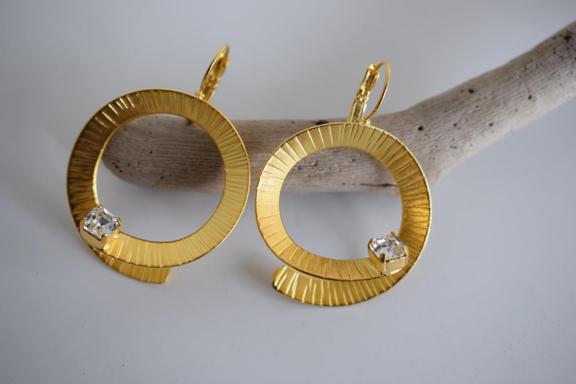 Heliara earrings with crystal – Greek hammered jewelry available in 18K gold plated, 18K silver plated, and rose gold plated