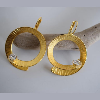 Heliara earrings with crystal – Greek hammered jewelry available in 18K gold plated, 18K silver plated, and rose gold plated