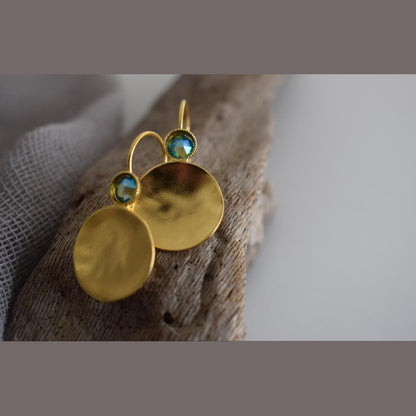 Orion earrings Greek hammered jewelry disc design with crystals in 18K gold, silver, and rose gold plated finish.