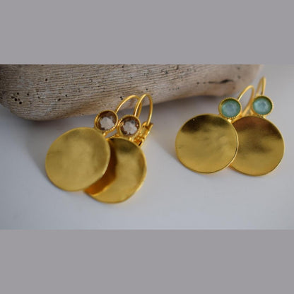 Orion earrings Greek hammered jewelry disc design with crystals in 18K gold, silver, and rose gold plated finish.