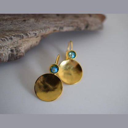 Orion earrings Greek hammered jewelry disc design with crystals in 18K gold, silver, and rose gold plated finish.