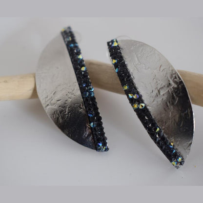 Handmade Eclipse earrings with hammered half-moon design and  crystals, Greek hammered jewelry available in 18K gold, silver and rose gold plating.