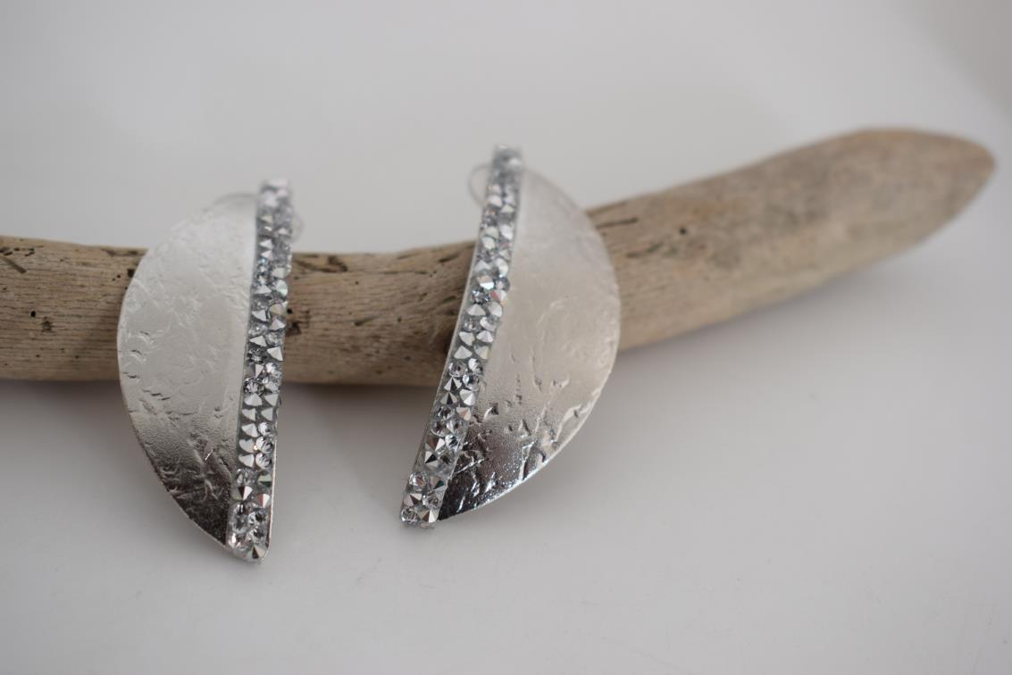 Handmade Eclipse earrings with hammered half-moon design and Swarovski crystals, Greek hammered jewelry available in 18K gold, silver and rose gold plating.