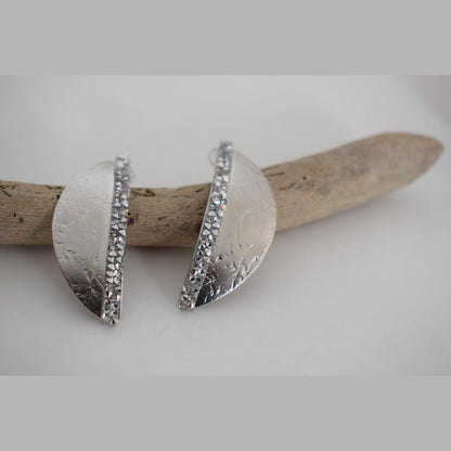 Handmade Eclipse earrings with hammered half-moon design and  crystals, Greek hammered jewelry available in 18K gold, silver and rose gold plating.