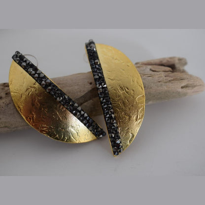 Handmade Eclipse earrings with hammered half-moon design and crystals, Greek hammered jewelry available in 18K gold, silver and rose gold plating.