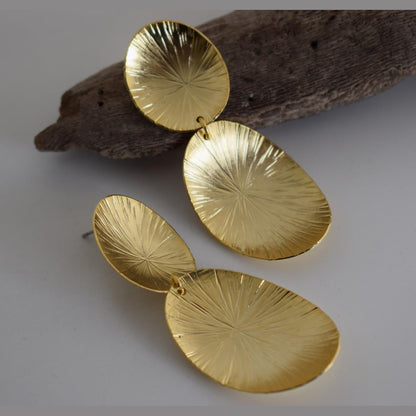 Kochlias earrings – Greek hammered jewelry inspired by seashell patterns, available in 18K gold plated, 18K silver plated, and rose gold plated