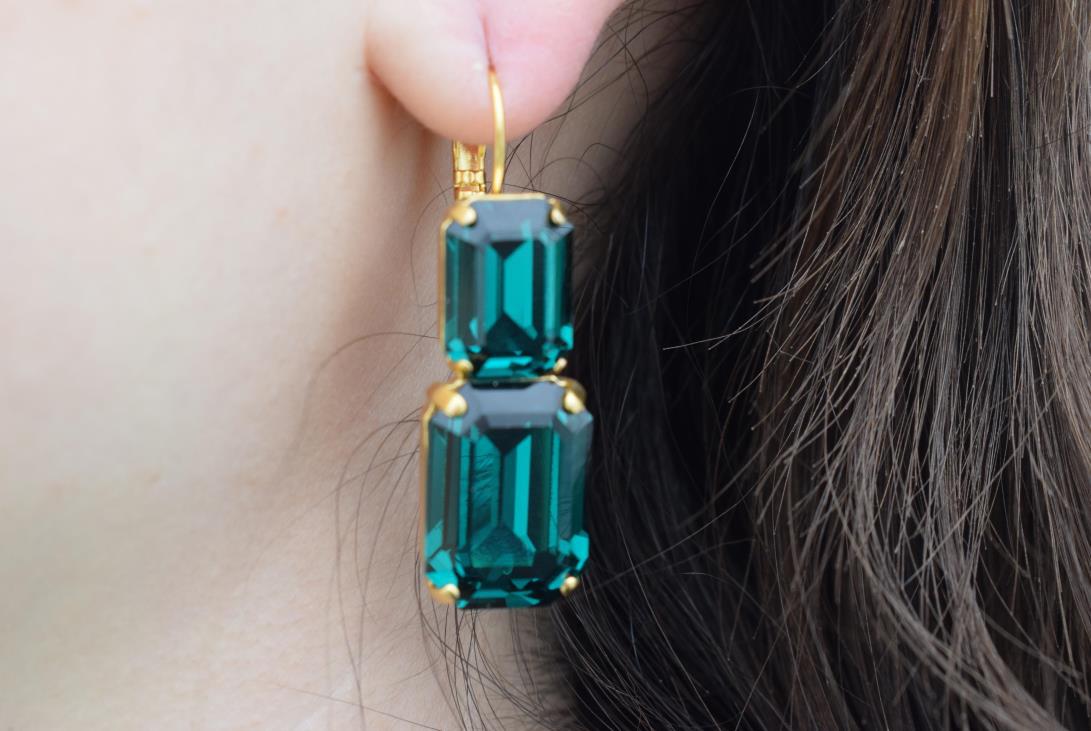 Handmade Electra earrings with rectangular crystals, Greek hammered jewelry available in 18K gold, silver and rose gold plating.