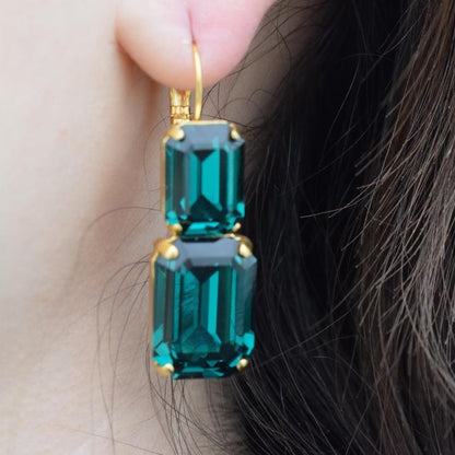 Handmade Electra earrings with rectangular crystals, Greek hammered jewelry available in 18K gold, silver and rose gold plating.