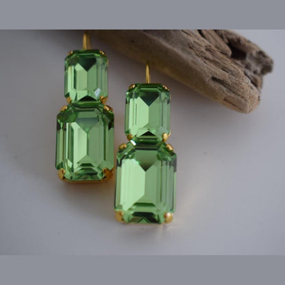Handmade Electra earrings with rectangular crystals, Greek hammered jewelry available in 18K gold, silver and rose gold plating.