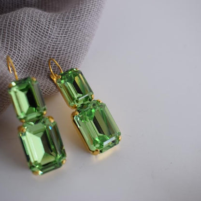Handmade Electra earrings with rectangular crystals, Greek hammered jewelry available in 18K gold, silver and rose gold plating.