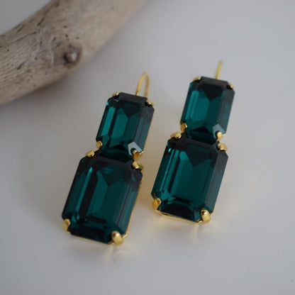 Handmade Electra earrings with rectangular crystals, Greek hammered jewelry available in 18K gold, silver and rose gold plating.