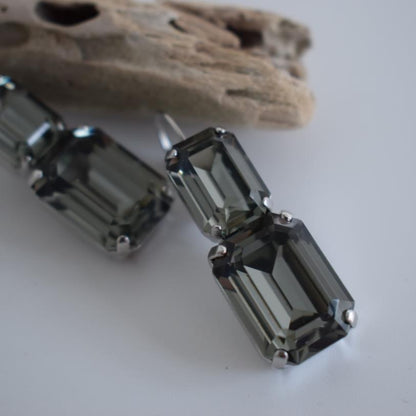 Handmade Electra earrings with rectangular crystals, Greek hammered jewelry available in 18K gold, silver and rose gold plating.
