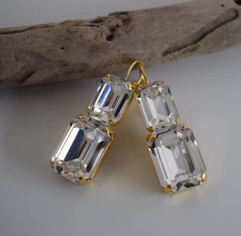 Handmade Electra earrings with rectangular crystals, Greek hammered jewelry available in 18K gold, silver and rose gold plating.