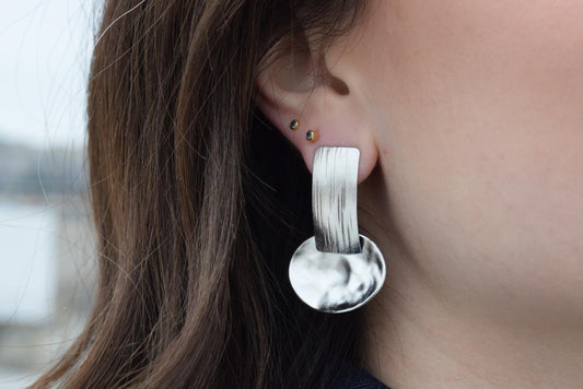 Aspides earrings – Greek hammered jewelry 18K gold plated, silver plated, and rose gold plated shield-inspired design