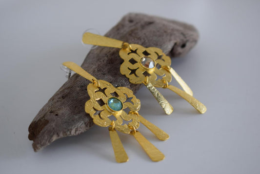 Penelope earrings with crystal – Greek hammered jewelry 18K gold plated openwork design
