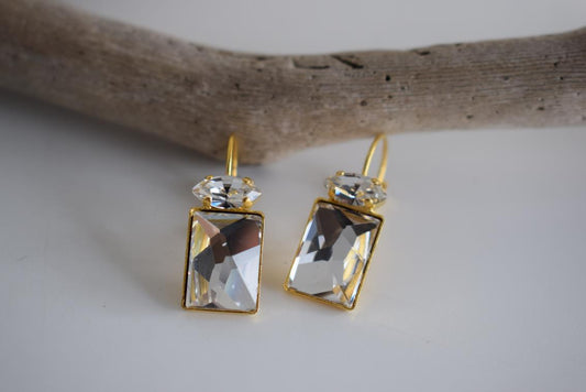 Argyroe earrings with Swarovski crystal – Greek hammered jewelry 18K gold plated rectangular crystal design, also available in silver and rose gold.