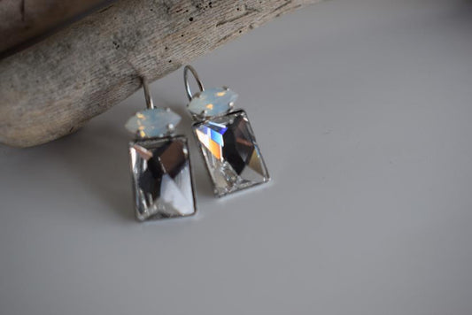 Argyroe earrings with Swarovski crystal – Greek hammered jewelry 18K gold plated rectangular crystal design, also available in silver and rose gold.