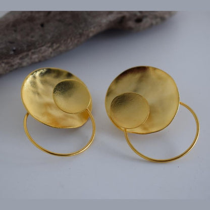 Estia earrings – Greek hammered jewelry 18K gold plated circular design, also available in silver and rose gold plating.
