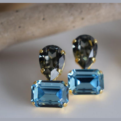 Okeanos earrings Greek hammered jewelry with emerald-cut and teardrop green crystals in 18K gold, silver, and rose gold plated finish.